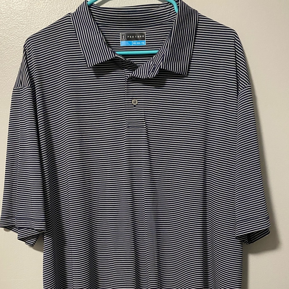 PGA Tour navy and white striped polo.
